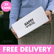 Load image into Gallery viewer, This image is a 24 can pack of Happy Inside gut health drinks with free delivery.