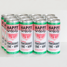 Load image into Gallery viewer, This image is 12 x 250ml can of Happy Inside - pomegranate, lime and mint gut health drink.