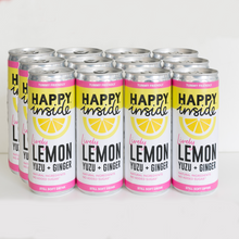 Load image into Gallery viewer, This image is 12 x 250ml cans of Happy Inside - lemon, yuzu and ginger gut health drink.
