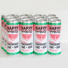 Load image into Gallery viewer, This image is 12 x 250ml can of Happy Inside - pomegranate, lime and mint gut health drink.
