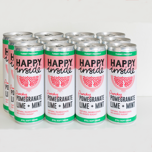 This image is 12 x 250ml can of Happy Inside - pomegranate, lime and mint gut health drink.